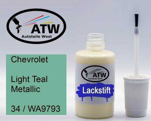 Chevrolet, Light Teal Metallic, 34 / WA9793: 20ml Lackstift, von ATW Autoteile West.